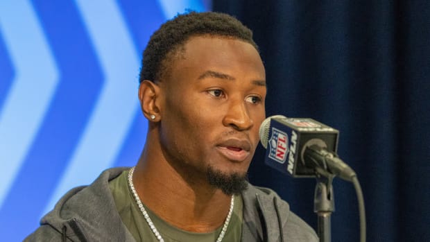 Feb 29, 2024; Indianapolis, IN, USA; Minnesota defensive back Tyler Nubin (DB56) talks to the media during the 2024 NFL Combine at Lucas Oil Stadium.